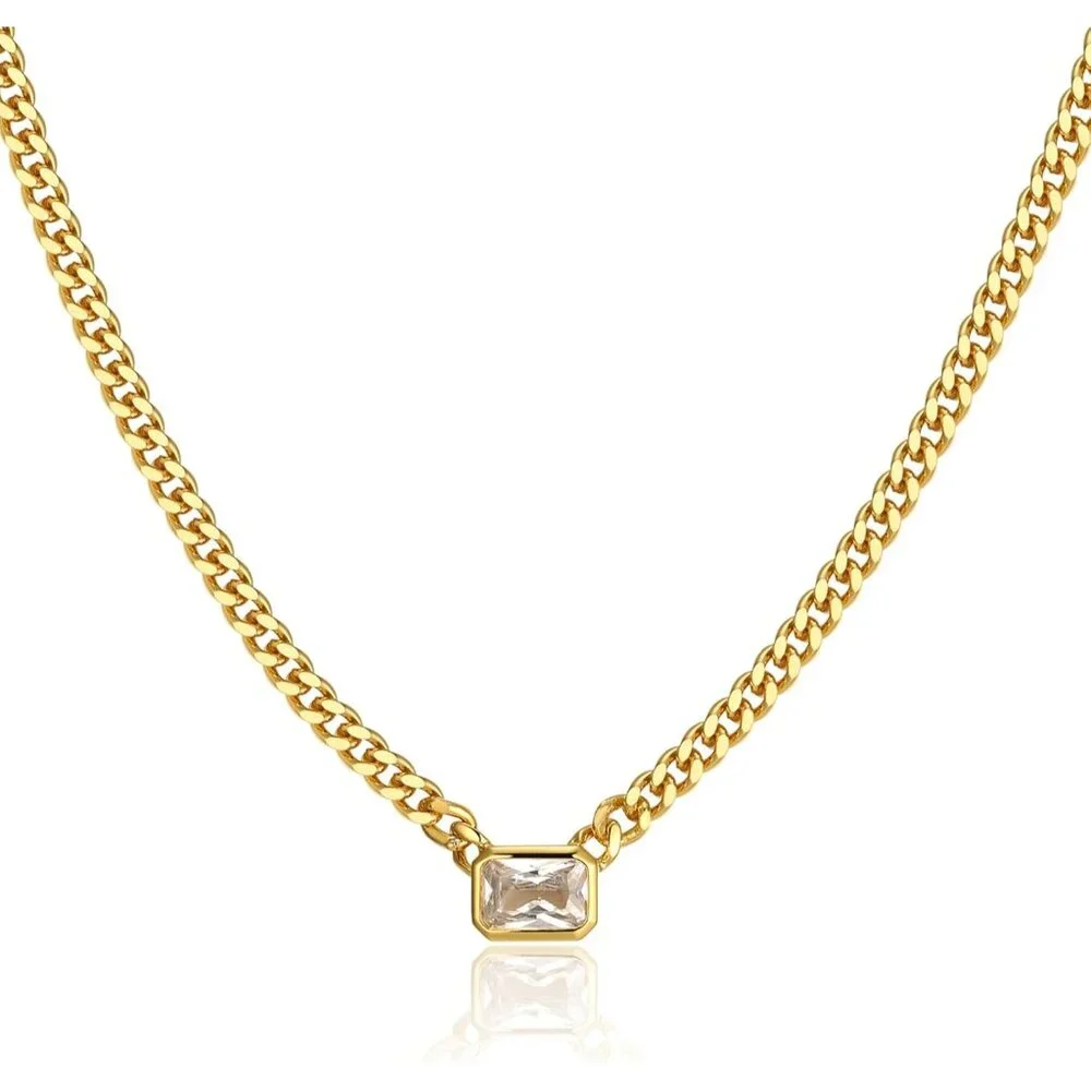 Baguette CZ Necklace | Emerald Cut Pendant Cuban Link Chain Choker 14'' with 2''